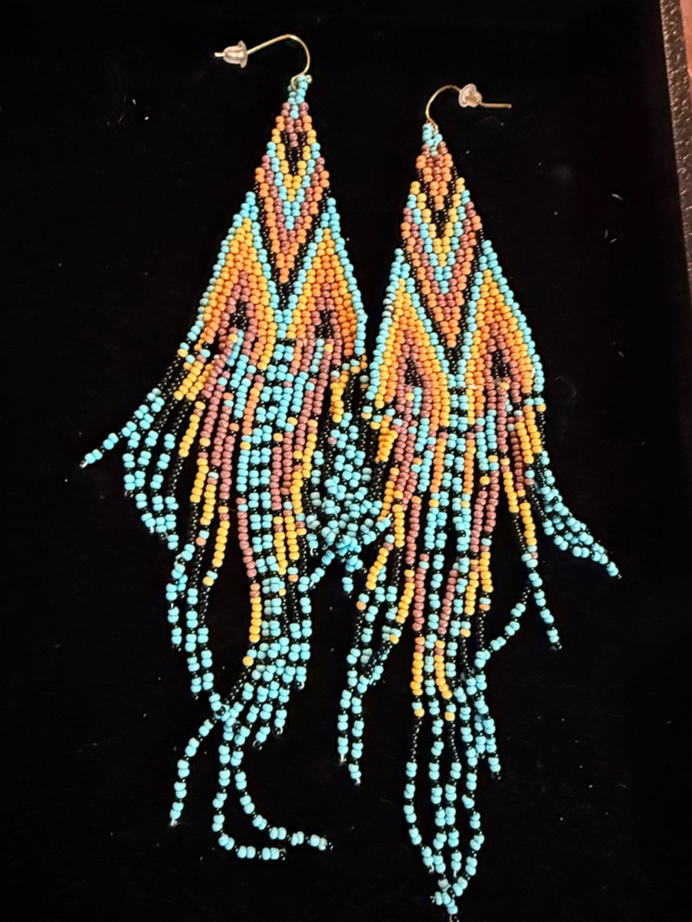 Beaded Fringe Drop Earrings - Turquoise, Peach & Gold
